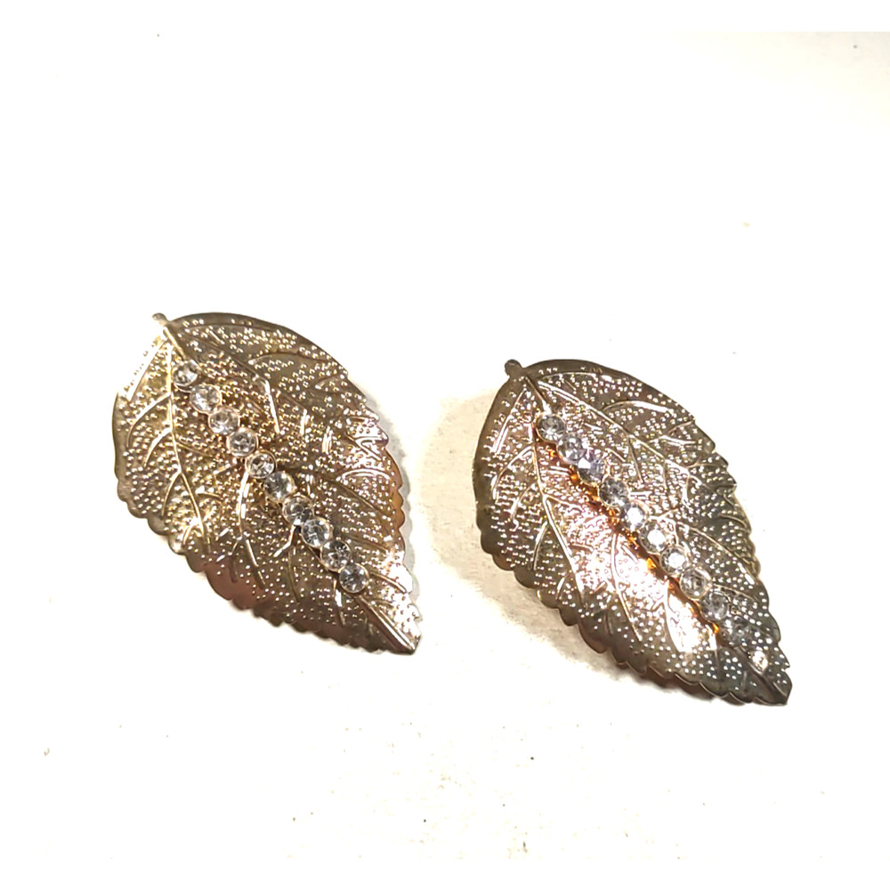 Gold Tone Leaf Blue Rhinestone Lightweight. Bling Hair Clips Date Night Party